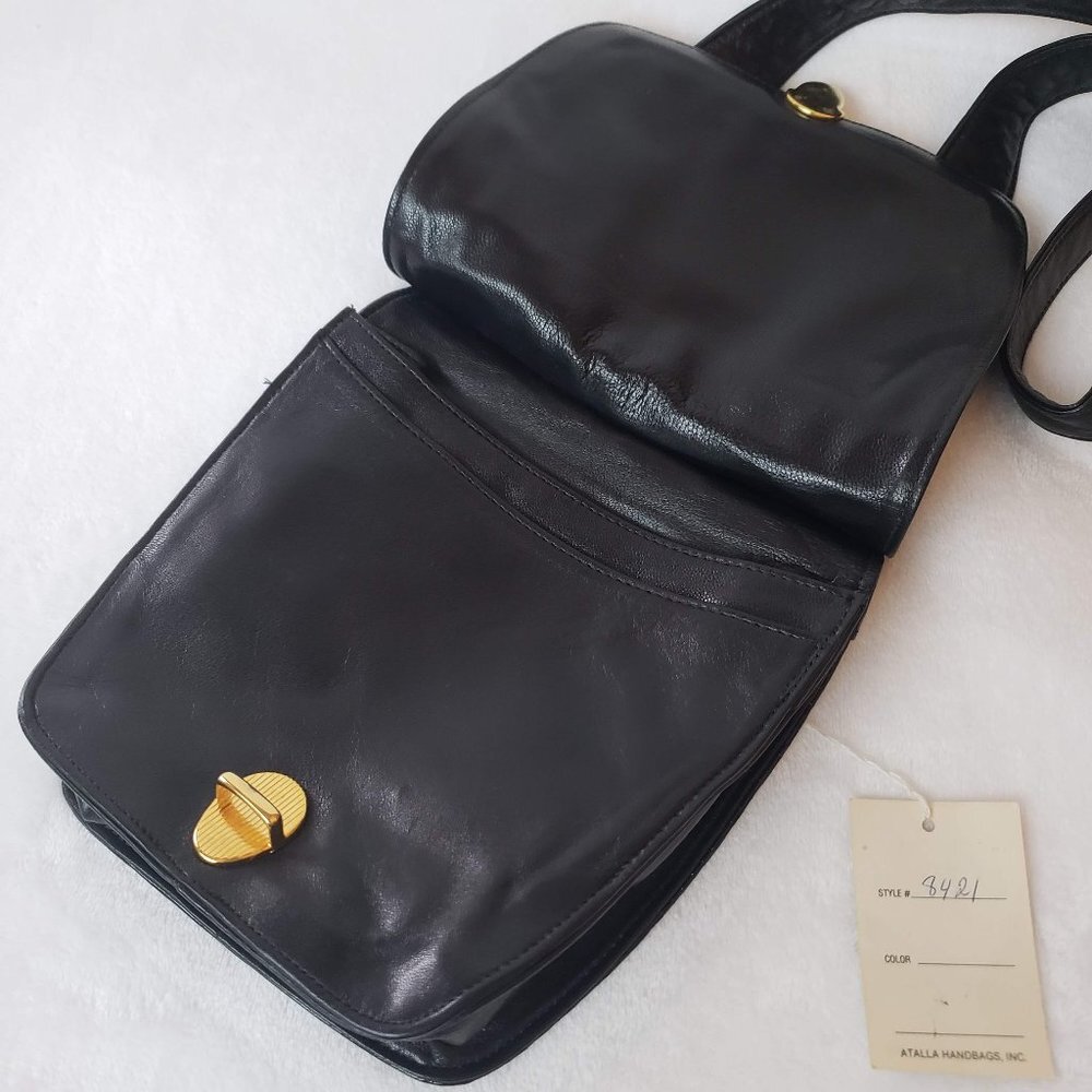 VINTAGE Atalla Handbags Leather Saddlebag Press Lock Deadstock Black Gold - Picture 7 of 12